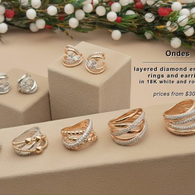 ONDES COLLECTION - LAYERED DIAMOND RINGS AND EARRINGS IN 18K WHITE AND ROSE GOLD