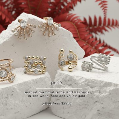 PERLÉ COLLECTION - BEADED DIAMOND RINGS AND EARRINGS 18K WHITE, ROSE AND YELLOW GOLD