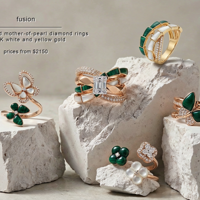 FUSION COLLECTION – MALACHITE AND MOTHER-OF-PEARL DIAMOND RINGS IN 18K ROSE AND YELLOW GOLD