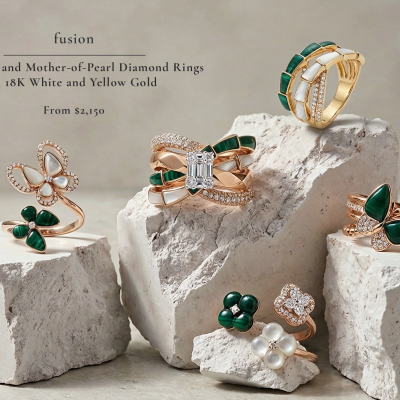 FUSION COLLECTION – MALACHITE AND MOTHER-OF-PEARL DIAMOND RINGS IN 18K ROSE AND YELLOW GOLD